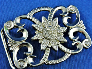 Belt Buckle - Silver Toned Belt Buckle with Clear Crystals