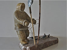 Load image into Gallery viewer, Inuit Art - Inuk Ice Fishing for Arctic Char with Fishing Net and Tools
